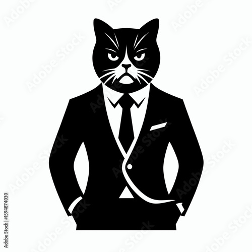 A Domestic Shorthair Cat full body wear business suit angry. Corporate Enterprise Entrepreneurship Management Finance Clipart Line Art Vector Illustration. Feline in work garment irate.