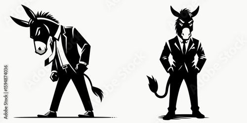 A Donkey full body wear business suit angry. Corporate Enterprise Entrepreneurship Management Finance Clipart Line Art Vector Illustration. Irate burro animal in formal attire office worker.