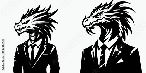 A Dragon full body wear business suit angry. Corporate Enterprise Entrepreneurship Management Finance Clipart Line Art Vector Illustration. reptile figure complete attire official garment.