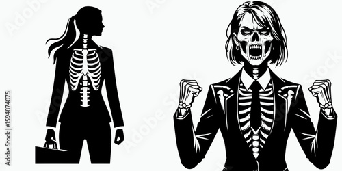A female skeleton full body wear business suit angry. Corporate Enterprise Entrepreneurship Management Finance Clipart Line Art Vector Illustration. Woman bone figure entire attire formal.