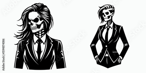A female skeleton full body wear business suit angry. Corporate Enterprise Entrepreneurship Management Finance Clipart Line Art Vector Illustration. Woman bone in attire shows fury work.
