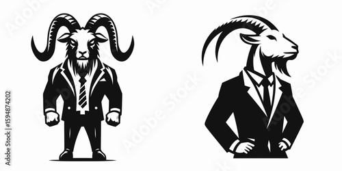 A Goat full body wear business suit angry. Corporate Enterprise Entrepreneurship Management Finance Clipart Line Art Vector Illustration. Irate billy in formal attire total garment animal.