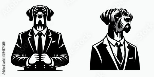 A Great Dane Dog full body wear business suit angry. Corporate Enterprise Entrepreneurship Management Finance Clipart Line Art Vector Illustration. Large canine formal attire office apparel.