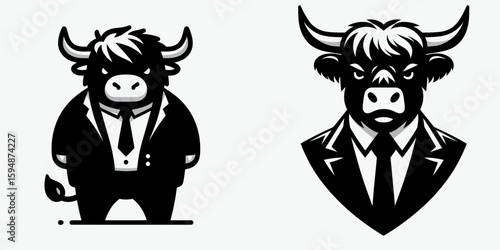 A Highland Cow full body wear business suit angry. Corporate Enterprise Entrepreneurship Management Finance Clipart Line Art Vector Illustration. Bovine in attire office work garment irate.