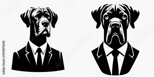 A Great Dane Dog full body wear business suit angry. Corporate Enterprise Entrepreneurship Management Finance Clipart Line Art Vector Illustration. Large canine in attire for job showing.