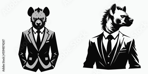 A Hyena full body wear business suit angry. Corporate Enterprise Entrepreneurship Management Finance Clipart Line Art Vector Illustration. Agitated spotted dog in office attire complete.