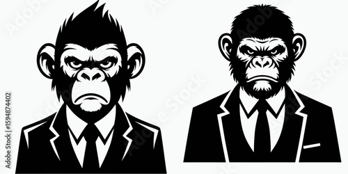 A Monkey full body wear business suit angry. Corporate Enterprise Entrepreneurship Management Finance Clipart Line Art Vector Illustration. Ape in formal attire showing irritation primate.