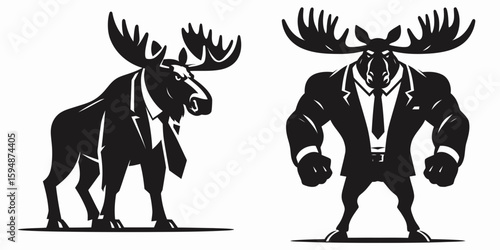 A Moose full body wear business suit angry. Corporate Enterprise Entrepreneurship Management Finance Clipart Line Art Vector Illustration. Irate elk in formal attire big beast dons work.