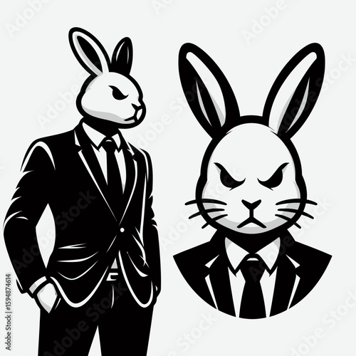 A Rabbit full body wear business suit angry. Corporate Enterprise Entrepreneurship Management Finance Clipart Line Art Vector Illustration. bunny whole attire apparel irate mad lagomorph.