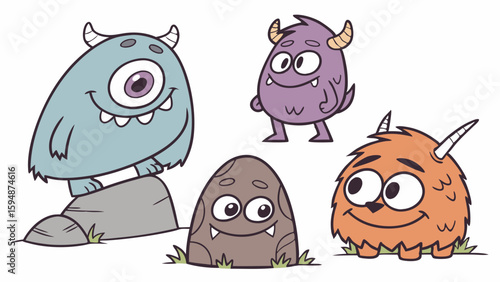 Cute friendly cartoon monsters character set. Adorable, happy, imaginary creatures for children's books, games, and kids' projects.