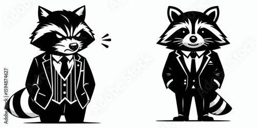 A Raccoon full body wear business suit angry. Corporate Enterprise Entrepreneurship Management Finance Clipart Line Art Vector Illustration. Annoyed masked mammal in work attire formal.