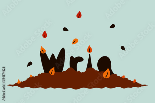 Orange Halloween night sky art with a fiery tree silhouette and autumn leaf design