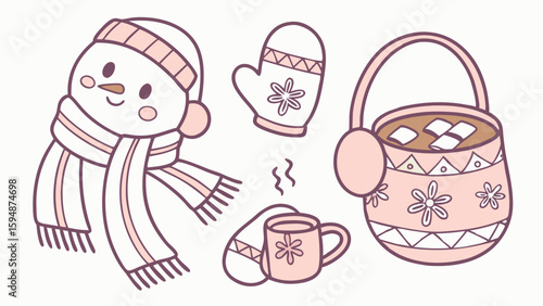 Cozy winter holiday elements set with cute snowman, hot chocolate, mittens, and scarf. Christmas season illustration.