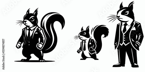 A Squirrel full body wear business suit angry. Corporate Enterprise Entrepreneurship Management Finance Clipart Line Art Vector Illustration. rodent clad formal attire looking cross tiny.