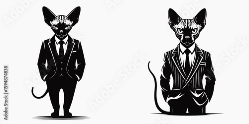 A Sphynx Cat full body wear business suit angry. Corporate Enterprise Entrepreneurship Management Finance Clipart Line Art Vector Illustration. Hairless feline dressed in formal attire.