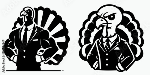 A Turkey full body wear business suit angry. Corporate Enterprise Entrepreneurship Management Finance Clipart Line Art Vector Illustration. Feathered fowl whole attire formal irate avian.