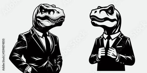 A T rex full body wear business suit angry. Corporate Enterprise Entrepreneurship Management Finance Clipart Line Art Vector Illustration. Big dino entire form don attire formal work garment.