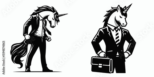 A Unicorn full body wear business suit angry. Corporate Enterprise Entrepreneurship Management Finance Clipart Line Art Vector Illustration. Equine single-piece outfit formal attire irate.