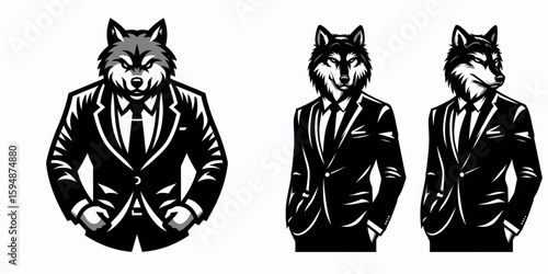A Wolf full body wear business suit angry. Corporate Enterprise Entrepreneurship Management Finance Clipart Line Art Vector Illustration. Canine entire form attire official garb upset.