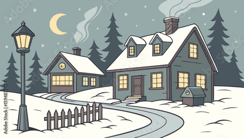 Winter night with snow-covered houses, warm glowing windows, and a lamppost. Cozy Christmas holiday evening.