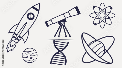 Science and technology icons set. Space, astronomy, biology, and physics symbols for education, research, and discovery.