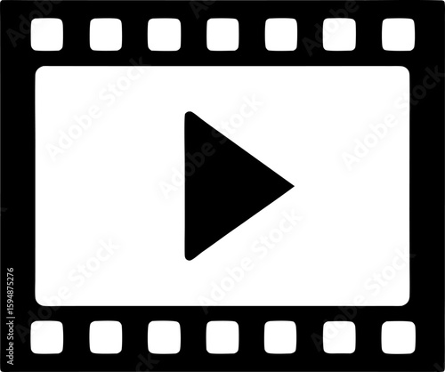 Illustration of a black film strip with a play button in the center on a white background