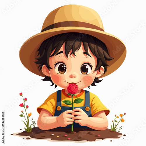 Charming young child in straw hat and overalls gently smelling a red rose, depicting childhood innocence and connection with nature.