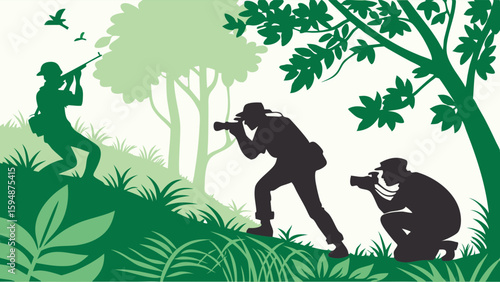 Soldier hunter and wildlife photographers in jungle forest. Nature adventure and outdoor exploration silhouettes.