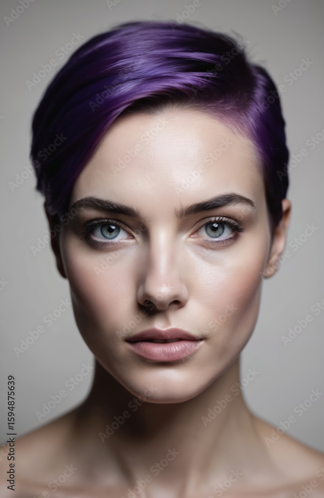Fototapeta premium Stylish woman with vibrant purple hair and captivating blue eyes. Close-up portrait highlighting smooth complexion, elegant makeup, and confident expression. Modern hairstyle, fashion-forward look.