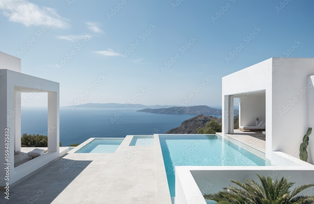 Fototapeta premium Modern luxury house with infinity swimming pool overlooking sea. White architecture, minimalist design. Terrace with seating offers expansive ocean, island views. Ideal for summer vacation,
