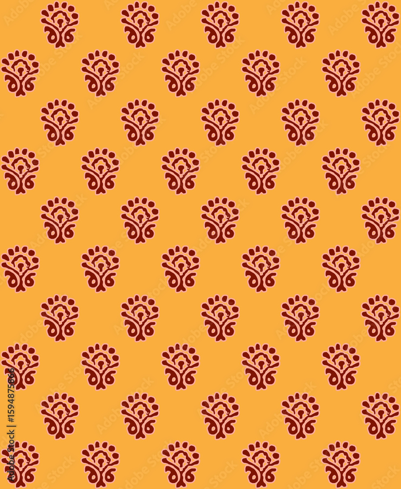Fototapeta premium Minimal block print Buti Seamless Repeat Pattern in Maroon on Mustard Yellow Background