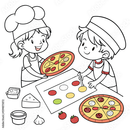 Smiling children making pizza coloring page isolated on white background
