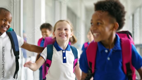 Cheerful school hallway with children in uniforms happily walking, running, and laughing together.