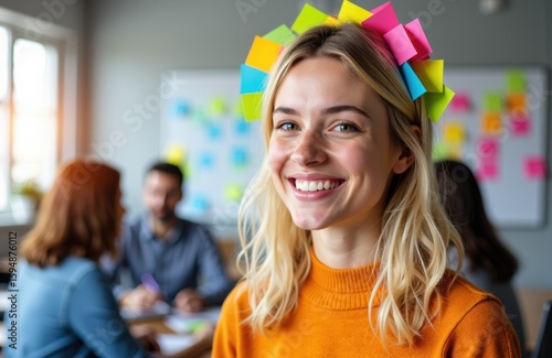 Woman smiling with colorful sticky notes on her head in a creative office environment
