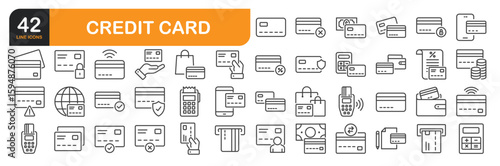Set of line icons related to Credit card, payment, wallet, security, transaction and more. Outline icons collection. Editable stroke. Vector illustration.