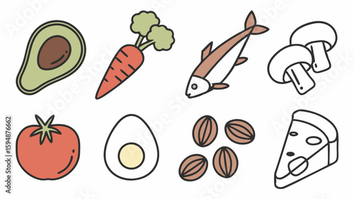 Various food ingredients isolated on white. Healthy eating, diet, and nutrition concept with fresh produce and pizza.