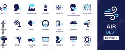 Air icon set collection. Pollution, oxygen, cooler, ventilation, turbine, fan, fume, air force, air purifier, air dryer and best solid icon set.