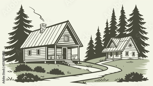 Rustic log cabins in a peaceful forest with a winding path. Vintage hand-drawn illustration of secluded nature homes in the woods.