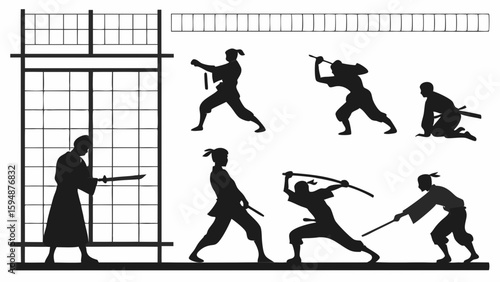 Ninja and Samurai Warriors Silhouette Set. Japanese Martial Arts Training and Combat with Katanas in Dojo.