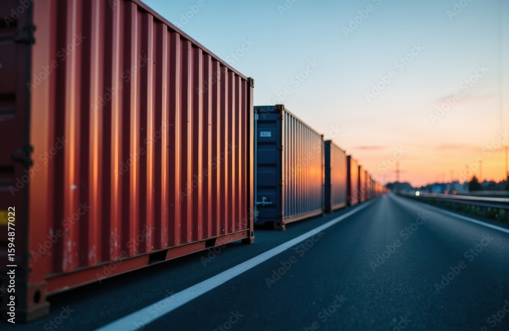 Obraz premium Long row of colorful shipping containers on highway at sunset creating a sense of transportation and logistics
