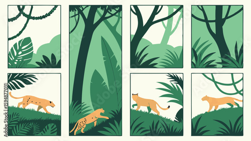 Wild puma in tropical jungle forest. Green nature background with trees, leaves, and wildlife animal vector.