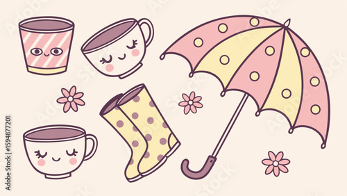Cute spring rainy day elements set. Kawaii umbrella, rain boots, teacups, and flowers. Pastel vector illustration.
