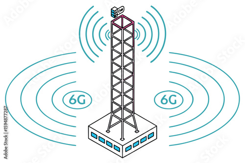 Illustration of a cellular tower emitting a 6g signal with a building at the base and antenna on top