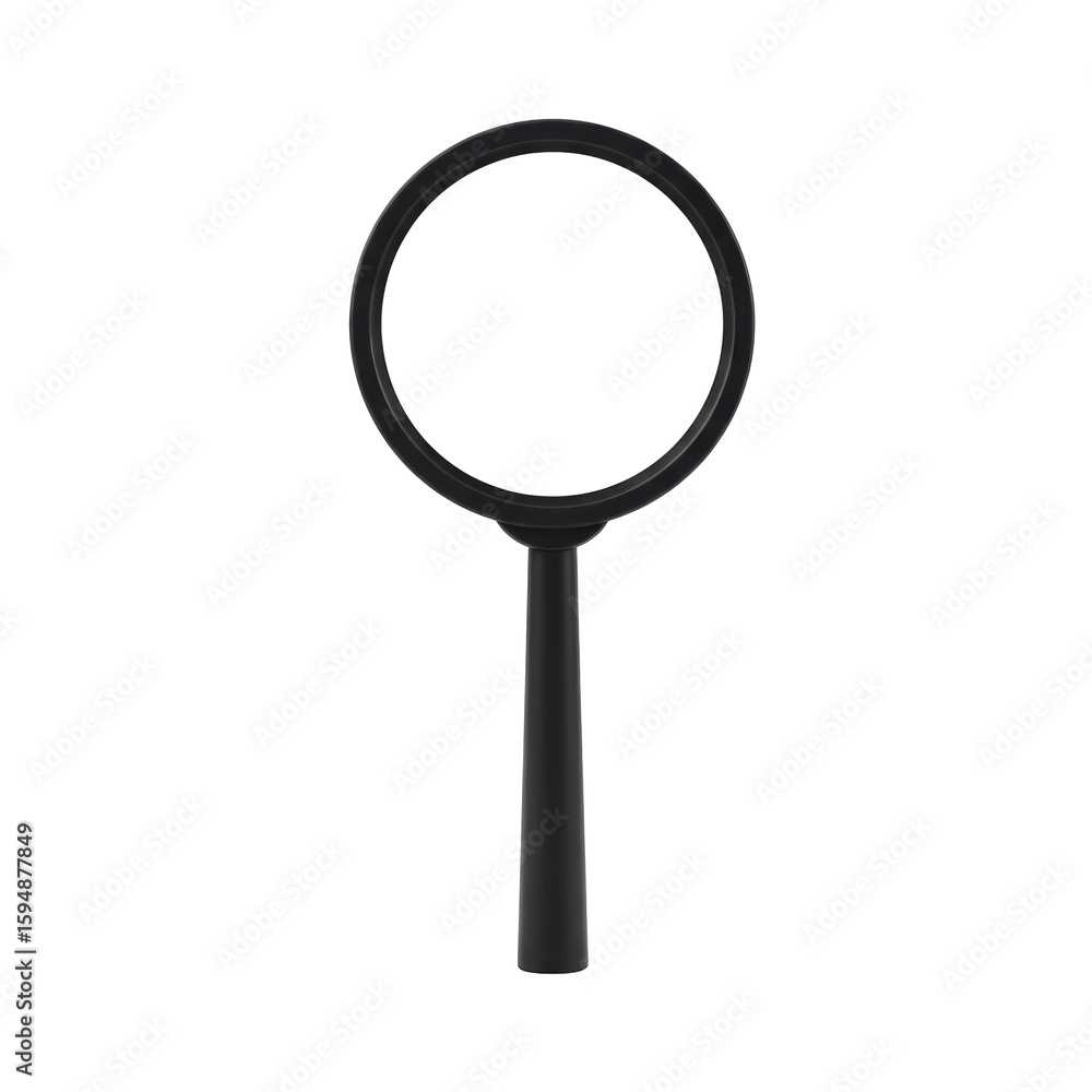 Simple, minimalist matte black magnifying glass with a clear, bright white lens, rendered full and standalone, vertically on a transparent isolated background with bright, shadowless lighting, Simple, minimalist matte black magnifying glass with a clear, bright white lens, rendered full and standalone, vertically on a transparent isolated background with bright, shadowless lighting,