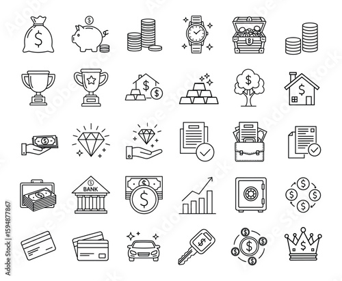 Extensive linear icon set representing finance, wealth, currency, and investment concepts, including money bags, piggy banks, coins, trophies, gold, property, diamonds, documents, etc.