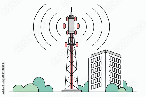 Illustration of a telecommunications tower emitting signals near a building and some green bushes