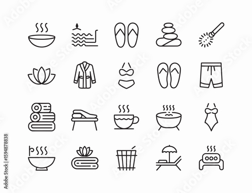 Minimalist Line Icons Featuring Sauna, Massage, Aromatherapy, and Hot Tub  