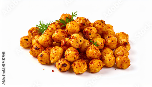 Spicy Roasted Makhana Pile with Dill Sprigs on White Background