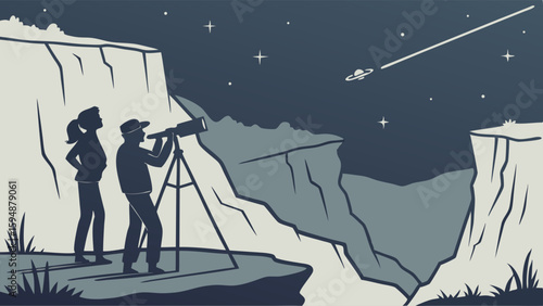 Couple stargazing with a telescope at night. People observing stars and a shooting star in the dark sky outdoors.