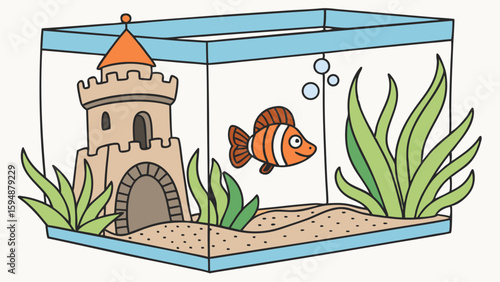 Colorful cartoon fish tank illustration with a cute clownfish, castle decoration, and aquatic plants. Simple pet aquarium.